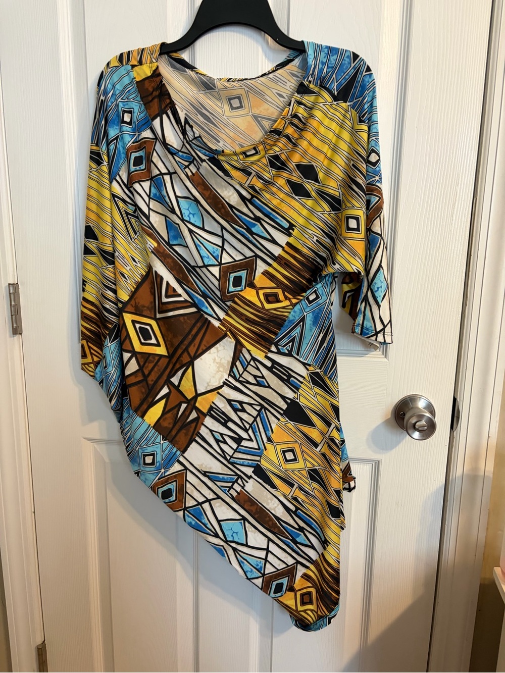 Abstract Geometric Asymmetric Women’s Top in Yellow, Blue & Brown